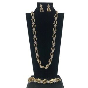 Mid Century Gold Tone Metal Clear Rhinestones Necklace Bracelet Clip Earring Set